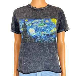 Fifth Sun Starry Night Alien UFO Acid Wash Graphic Tee Gray Small Cotton Raw Hem